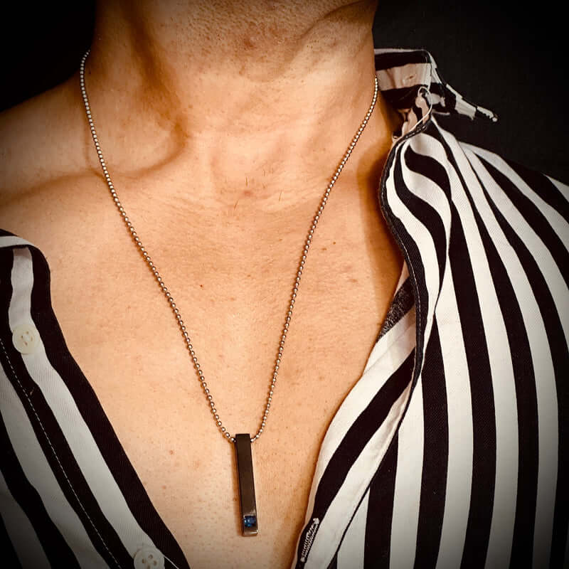 MIDNIGHT DELIGHT Pure Titanium Steel Blue 3D Crystal with Black Cuboid Vertical Bar Pendant with 24inch Ball Chain for Men Boys