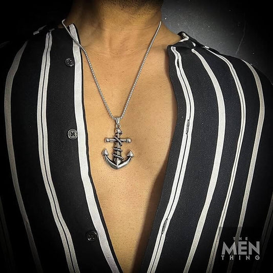 THE MEN THING SS Pendant/ Necklace NAUTICAL ANCHOR - Pure Titanium Steel Pendant with 24inch Round Box Chain for Men & Boys