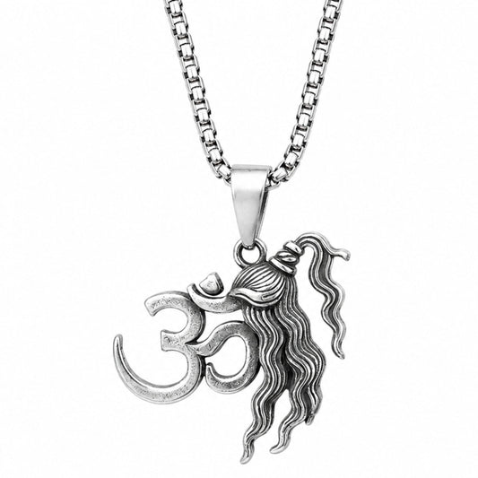 THE MEN THING SS Pendant/ Necklace PRAṆAVAJATA - Pure Vintage Pure Steel Pendant with 24inch Round Box 5mm Chain for Men & Boys