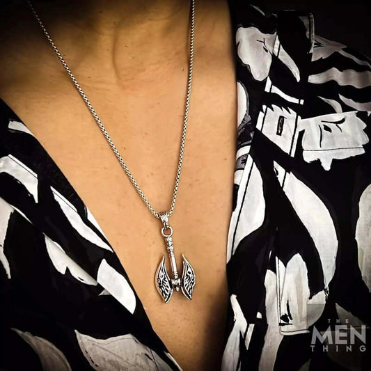 THE MEN THING SS Pendant/ Necklace REALM AXE - Alloy Patterned Axe Pendant with Pure Stainless Steel 24inch Round Box, European trending Style for Men & Boy