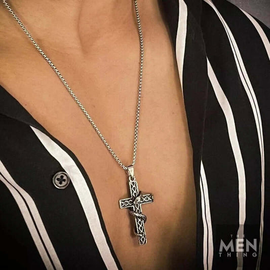 THE MEN THING SS Pendant/ Necklace SERPENT CROSS - Alloy Snake Pendant with Pure Stainless Steel 24inch Round Box Chain, American trending Style for Men & Boy