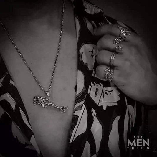 THE MEN THING SS Pendant/ Necklace SKULL ROCKING GUITAR - Alloy Pendant with Stainless Steel 24inch Round Box Chain, European trending Style for Men & Boy
