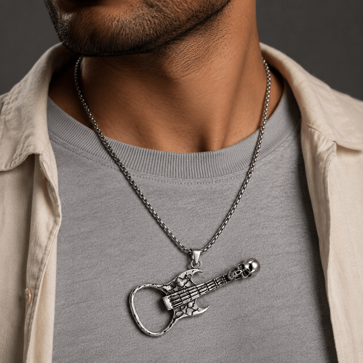 THE MEN THING SS Pendant/ Necklace SKULLY GUITAR - Alloy Guitar Skull Pendant with Pure Stainless Steel 24inch Round Box Chain, European trending Style for Men & Boys