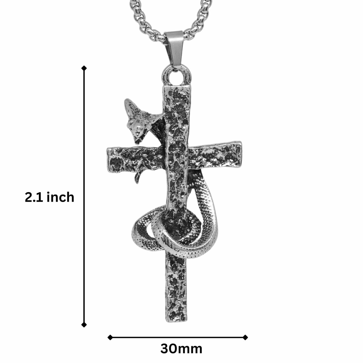 THE MEN THING SS Pendant/ Necklace SNAKE WRAPPED CROSS - 30mm Titanium Steel Pendant with 28inch Round Box 4mm Chain for Men & Boys