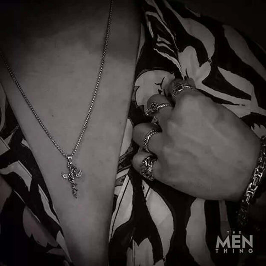 THE MEN THING SS Pendant/ Necklace SWORD OF ANGLE (RED STONE) - Alloy Pendant with Pure Stainless Steel 24inch Round Box Chain, European trending Style for Men & Boys