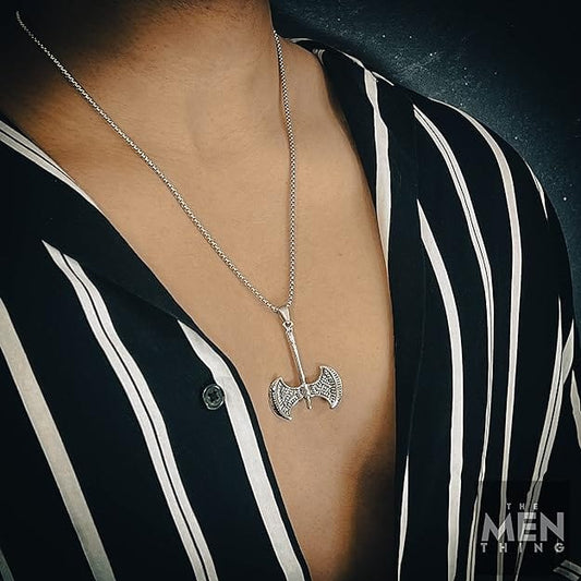 THE MEN THING SS Pendant/ Necklace TWIN SHARP AXE - Alloy Pendant with Stainless Steel 24inch Round Box Chain, American trending Style for Men & Boy