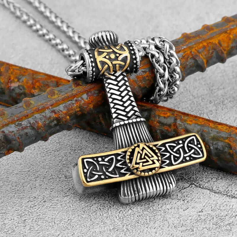 THE MEN THING SS Pendant/ Necklace VIKING NORDIC HAMMER GOLD - Pure Titanium Steel Necklace with 24 inch Chain for Men & Boys