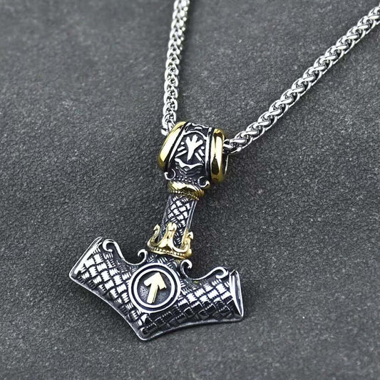 THE MEN THING SS Pendant/ Necklace VIKING NORSE MJOLNIR GOLD - Pure Titanium Steel Necklace with 24 inch Chain for Men & Boys