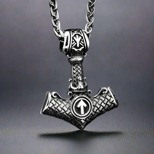 THE MEN THING SS Pendant/ Necklace VIKING NORSE MJOLNIR SILVER - Pure Titanium Steel Necklace with 24 inch Chain for Men & Boys