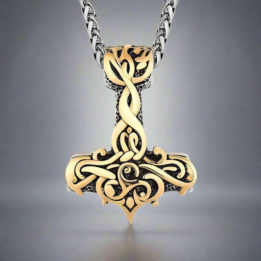 THE MEN THING SS Pendant/ Necklace VIKING RUNES THOR HAMMER GOLD - Pure Titanium Steel Necklace with 24 inch Chain for Men & Boys