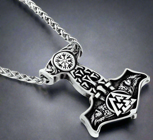 THE MEN THING SS Pendant/ Necklace VIKING THOR MJOLNIR SILVER - Pure Titanium Steel Necklace with 24 inch Chain for Men & Boys