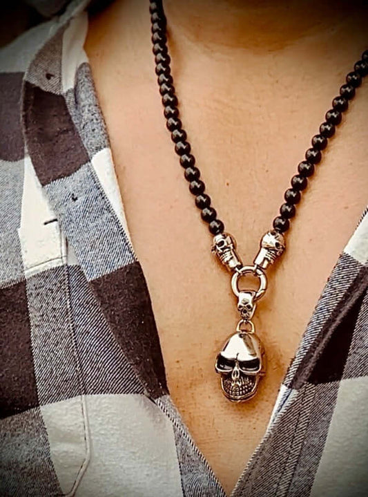 THE MEN THING SS Pendant with Chain GOTHIC SKULL - Premium Titanium Steel Pendant - 8mm Black Natural Onyx Beads - 24inch Chain for Men & Boys