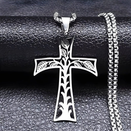THE MEN THING SS Pendant with Chain LEAFLINE CRUCIFIX - 24inch Pure Stainless Steel Round box Chain for Men, European trending Style for Men & Boy