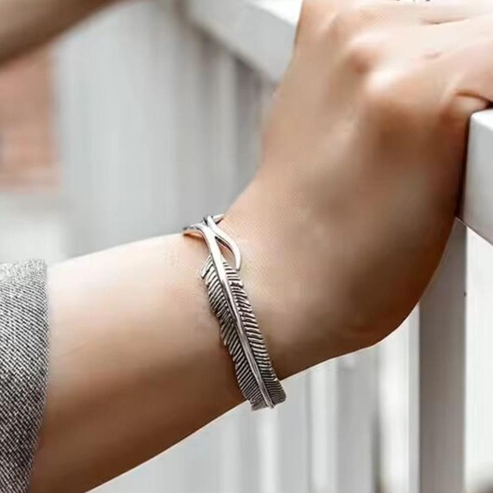 THE MEN THING Steel Bracelets ARGENT FEATHER - Pure Stainless Steel Open Bangle Bracelet (Adjustable) for Men & Boys