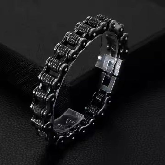 THE MEN THING Steel Bracelets BIKER CHAIN BRACELET - 13mm Pure Titanium Steel Bracelet, Black Plated Antique Matt Finish Bracelet for Men & Boy (8inch)