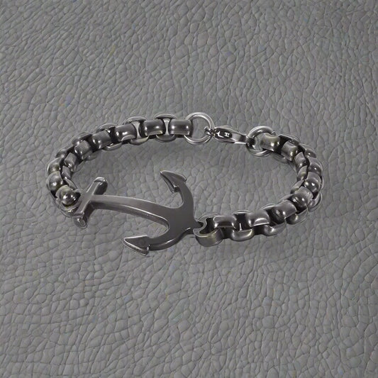 THE MEN THING Steel Bracelets BLACK ANCHOR BOLD BRACELET - 8mm Pure Black Titanium Stainless Steel Bracelet, Black Chain Bracelet for Men & Boy (8inch)