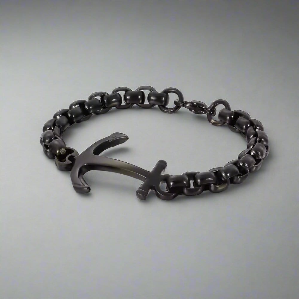 THE MEN THING Steel Bracelets DARKTIDE ANCHOR LINK BRACELET - 8mm Pure Black Titanium Stainless Steel Bracelet, Black Chain Bracelet for Men & Boy (8inch)