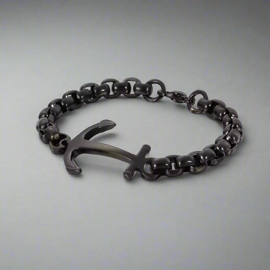 THE MEN THING Steel Bracelets DARKTIDE ANCHOR LINK BRACELET - 8mm Pure Black Titanium Stainless Steel Bracelet, Black Chain Bracelet for Men & Boy (8inch)