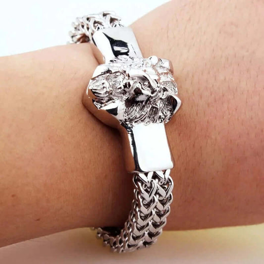 THE MEN THING Steel Bracelets DOUBLE FRANCO LION - Heavy 12mm Pure Stainless Steel Chain with Alloy Lion Head Bracelet for Men & Boys (10 inch)