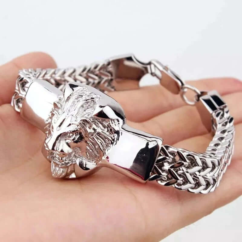 THE MEN THING Steel Bracelets DOUBLE FRANCO LION - Heavy 12mm Pure Stainless Steel Chain with Alloy Lion Head Bracelet for Men & Boys (10 inch)
