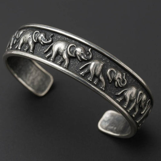 THE MEN THING Steel Bracelets ELEPHANT GRACE - Pure Stainless Steel Open Bangle Bracelet (Adjustable) for Men & Boys