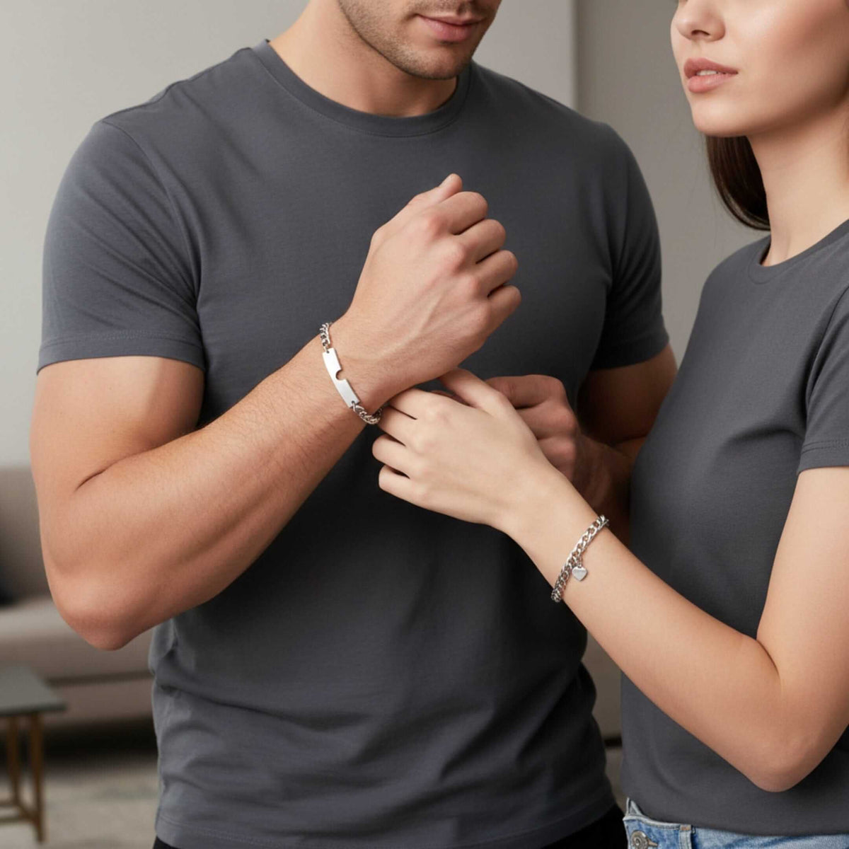 THE MEN THING Steel Bracelets ENGRAVED - LUXE HEART LINK - Pure Titanium Steel Adjustable Bracelet for Men & Boys