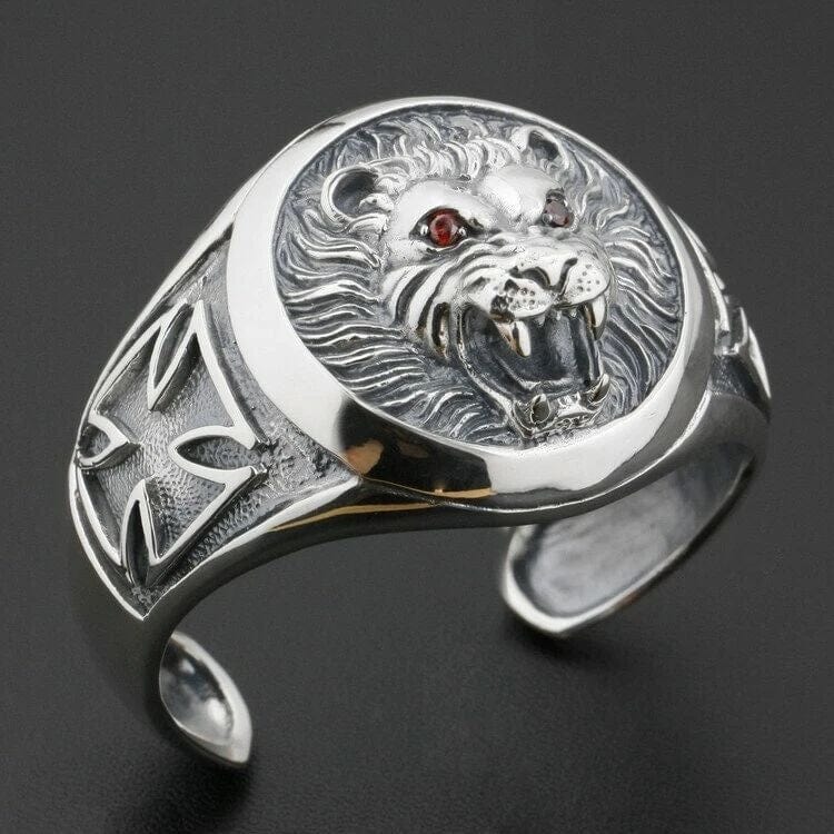 THE MEN THING Steel Bracelets RED EYE LION - Pure Stainless Steel Open Bangle Bracelet (Adjustable) for Men & Boys