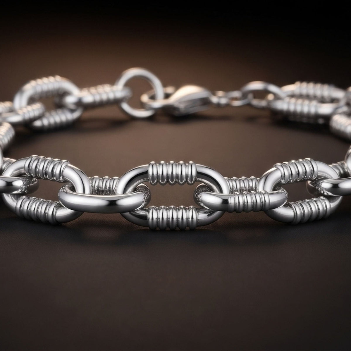 THE MEN THING Steel Bracelets RIBBED OVAL LINK - 11mm Titanium Steel Bracelet with Lobster Clasp for Men & Boy (8 inch)