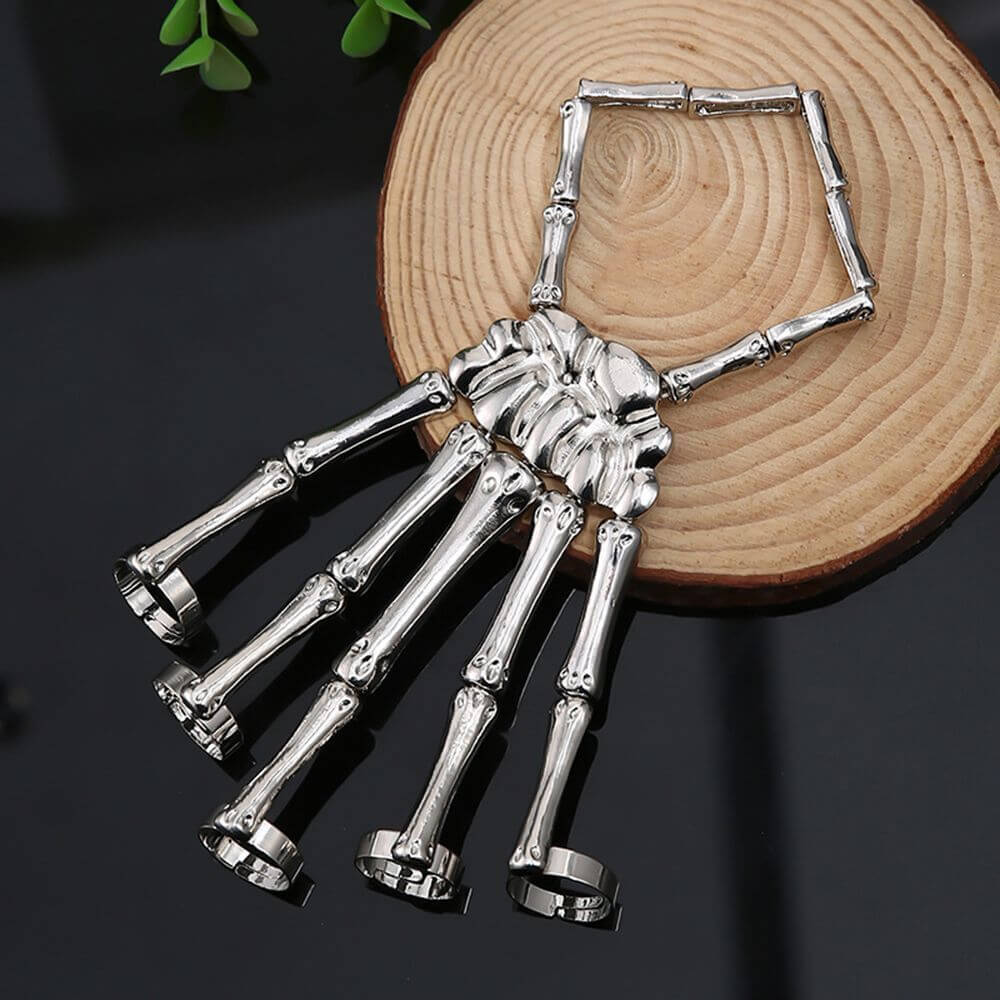 THE MEN THING Steel Bracelets SKELETON HAND - Full Hand Skeleton Bracelet with Ring Metal Elasticity Adjustable for Men & Boys