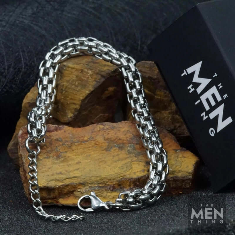 THE MEN THING Steel Bracelets STEELBOX - 7mm Stainless Steel Bracelet, American Style - 8 inch with Adjustable Lobster Claw Buckle for Men & Boys