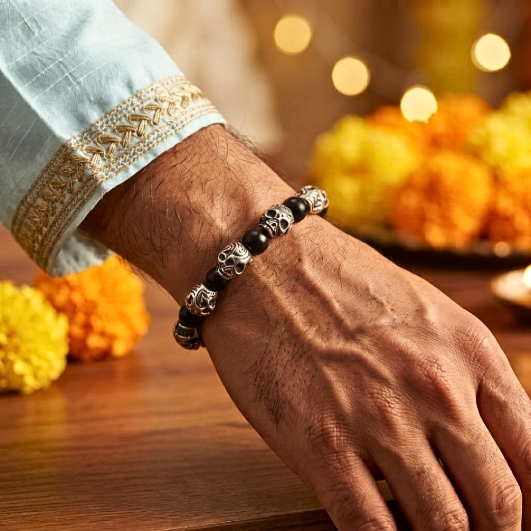 THE MEN THING Steel Bracelets The Perfect Rakhi Gift For Every Brother – GRIM SKULL - Black Agate - Premium Stainless Steel Bracelets With Timeless Style (8inch)