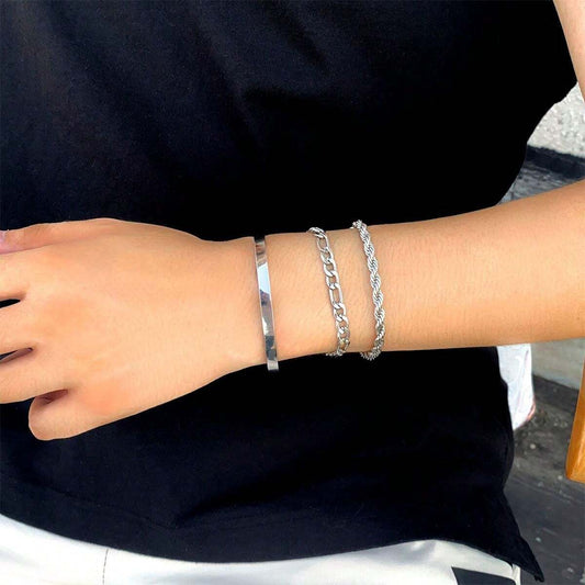 THE MEN THING Steel Bracelets TRIFECTA SILVER - 3 pcs Alloy Adjustable Bracelet for Men & Boys