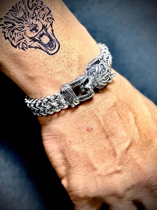 THE MEN THING Steel Bracelets VIKING WOLF HEAD - 12mm Pure Titanium Steel Bracelet, American trending Style - Norse Bracelet for Men & Boys (8inch)