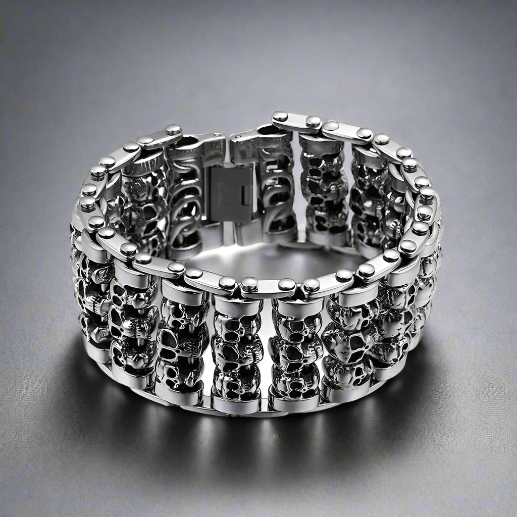 वाइड स्कल 32 मिमी शुद्ध टाइटेनियम स्टील ब्रेसलेट, पुरुषों और लड़कों के लिए भारी बाइकर ब्रेसलेट (8 इंच)