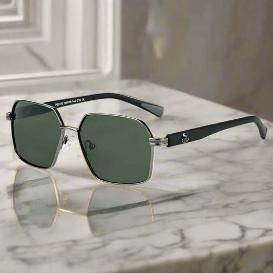 THE MEN THING Sunglasses Green Grey 2172 HEX EDGE - Geomatric Style - HD Polarised Sunglasses for Men - UV400 Protection, Stainless Steel Frame