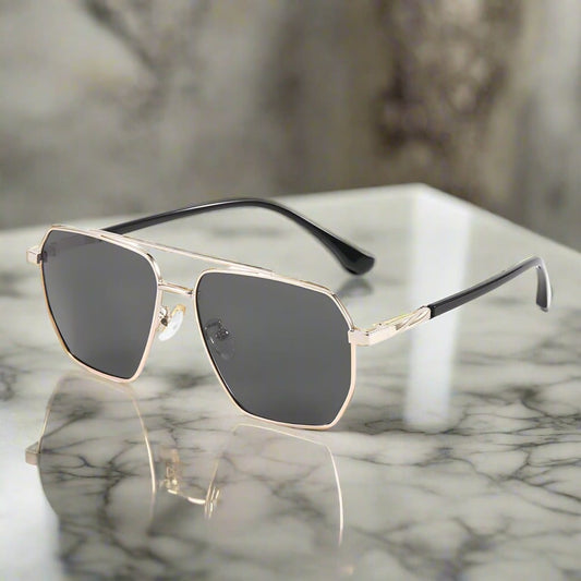 THE MEN THING Sunglasses J3337- SPECTRA NOIR- HD Polarised Sunglasses for Men - UV400 Protection, Stainless Steel Frame - Light Gold Frame with Black Lens