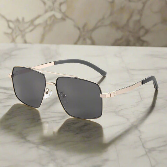 THE MEN THING Sunglasses J3348 - VORTEX SHADE - HD Polarised Sunglasses for Men - UV400 Protection, Stainless Steel Frame - Gold Frame with Black Lens