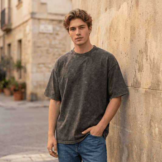 THE MEN THING T-Shirt Smoke Acid Wash Oversized T-Shirt - Olive Green