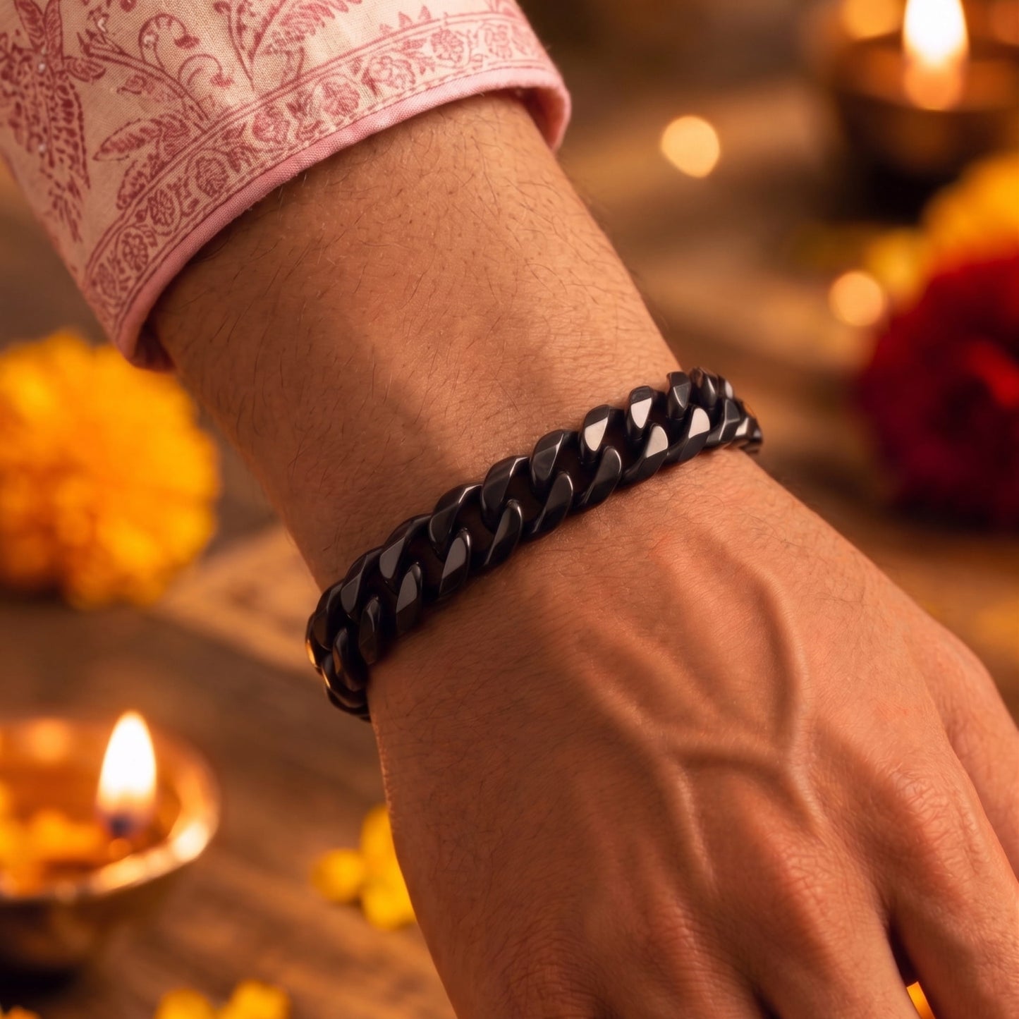THE MEN THING The Perfect Rakhi Gift For Every Brother – BLACK STEEL UBAN BRACELET - Premium Genuine Titanium Steel Bracelet With Timeless Style (8 Inch)
