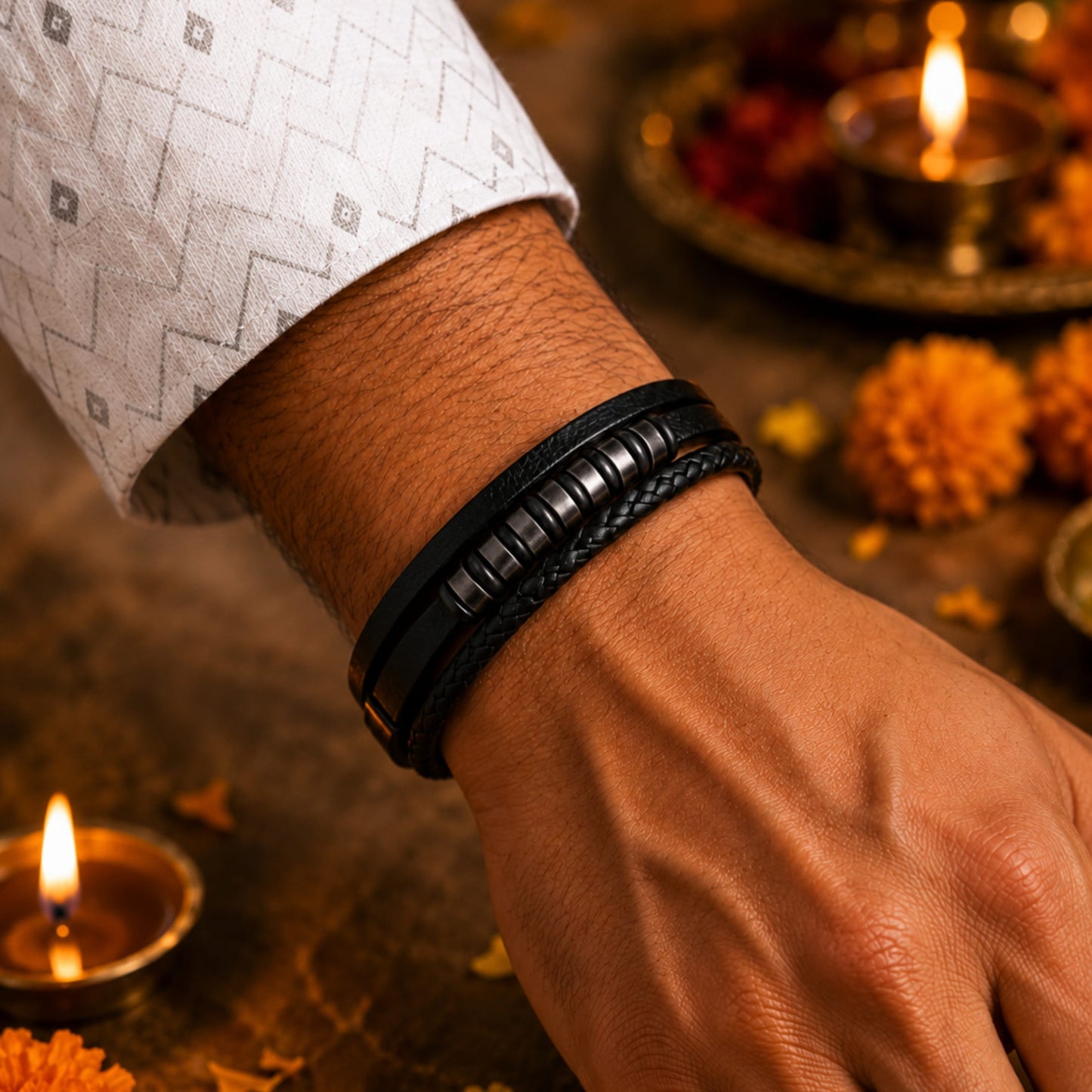 THE MEN THING The Perfect Rakhi Gift For Every Brother – NOIR BRAID BLACK - Premium Genuine Leather Bracelet With Timeless Style (8 Inch)