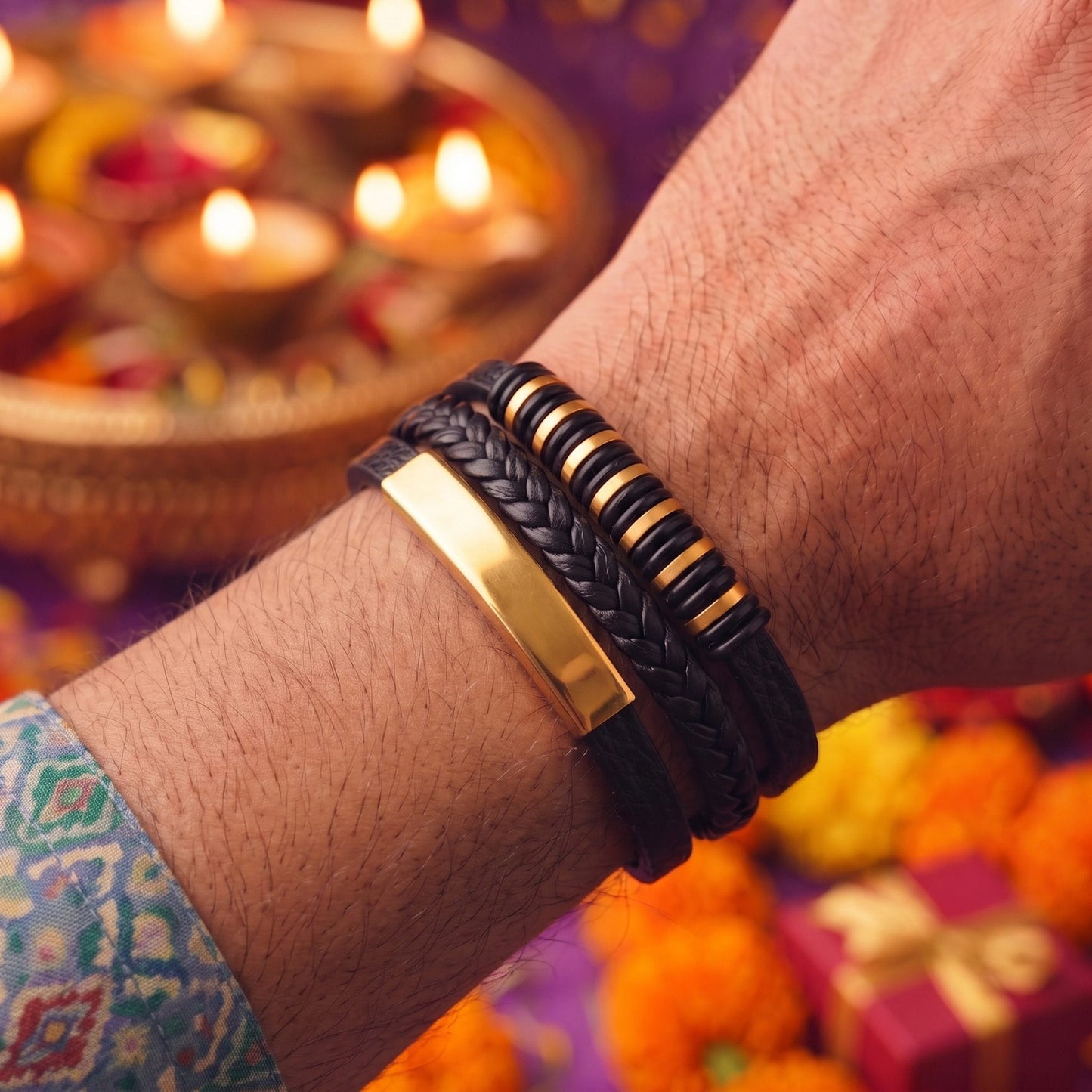 THE MEN THING The Perfect Rakhi Gift For Every Brother – RAVEN RINGS BLACK - Premium Leather Bracelet With Timeless Style (8 Inch)