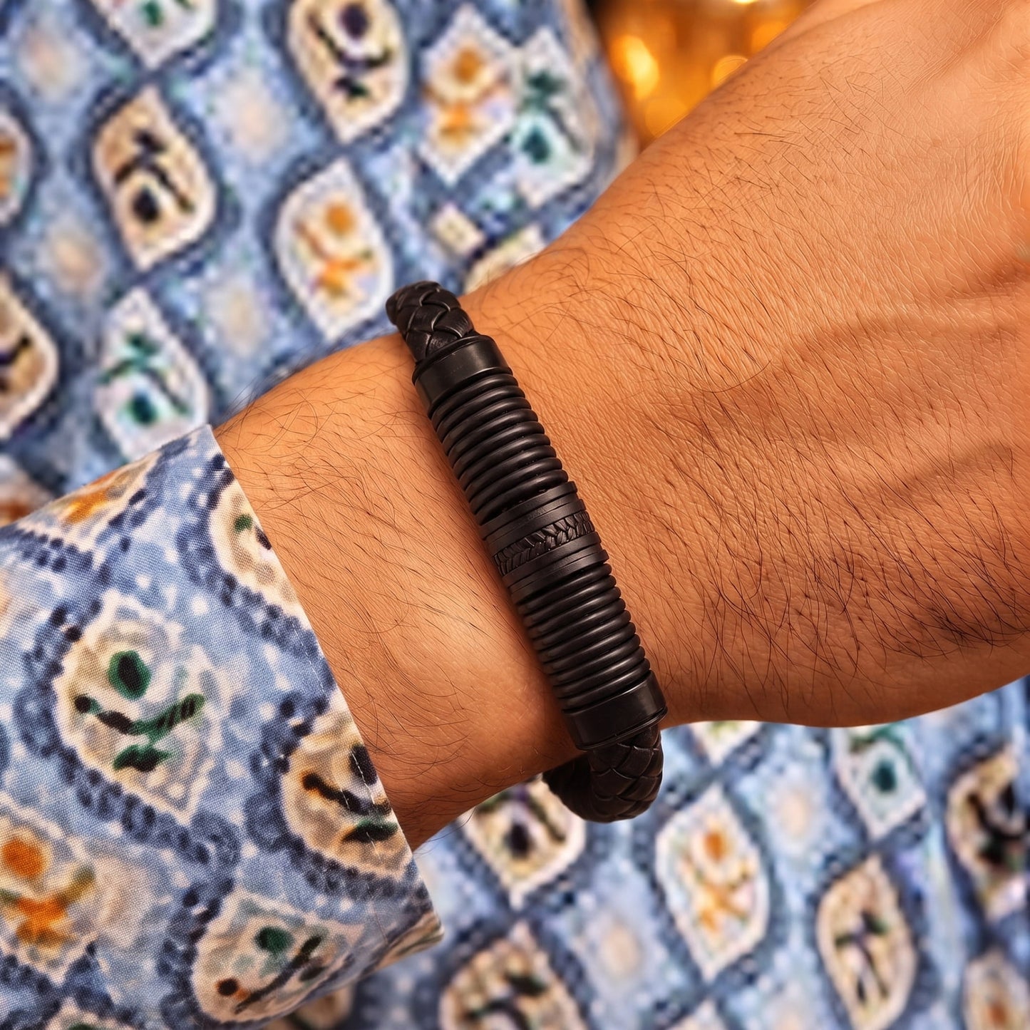THE MEN THING The Perfect Rakhi Gift For Every Brother – RIBBED ONYX - Premium Genuine Leather Bracelet With Timeless Style (8 Inch)