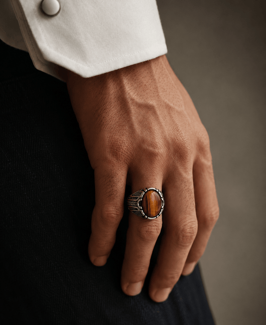 Royal Series Oval Tiger Eye stainless steel ring for men — statement gemstone ring India | The Men Thing