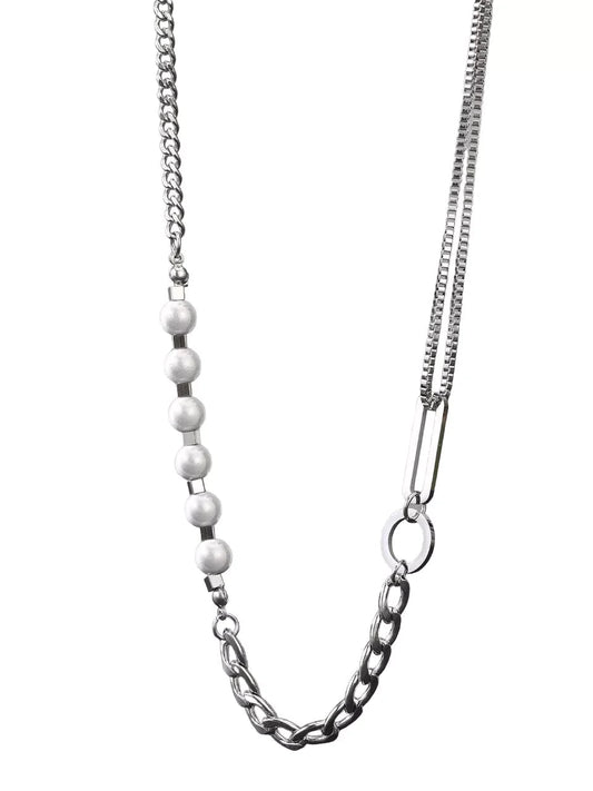 THE MEN THING Necklace for Men - Pure Titanium Steel Pearl Necklace with 23 inch Cuban Chain for Men & Boys