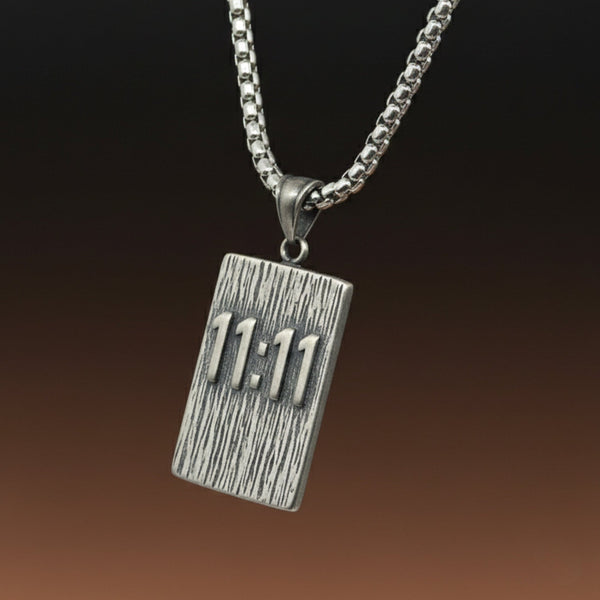 11:11 MANIFESTATION RECTANGLE - 24mm Pure Titanium Steel  Pendant with 24inch Round Box 5mm Chain for Men & Boys