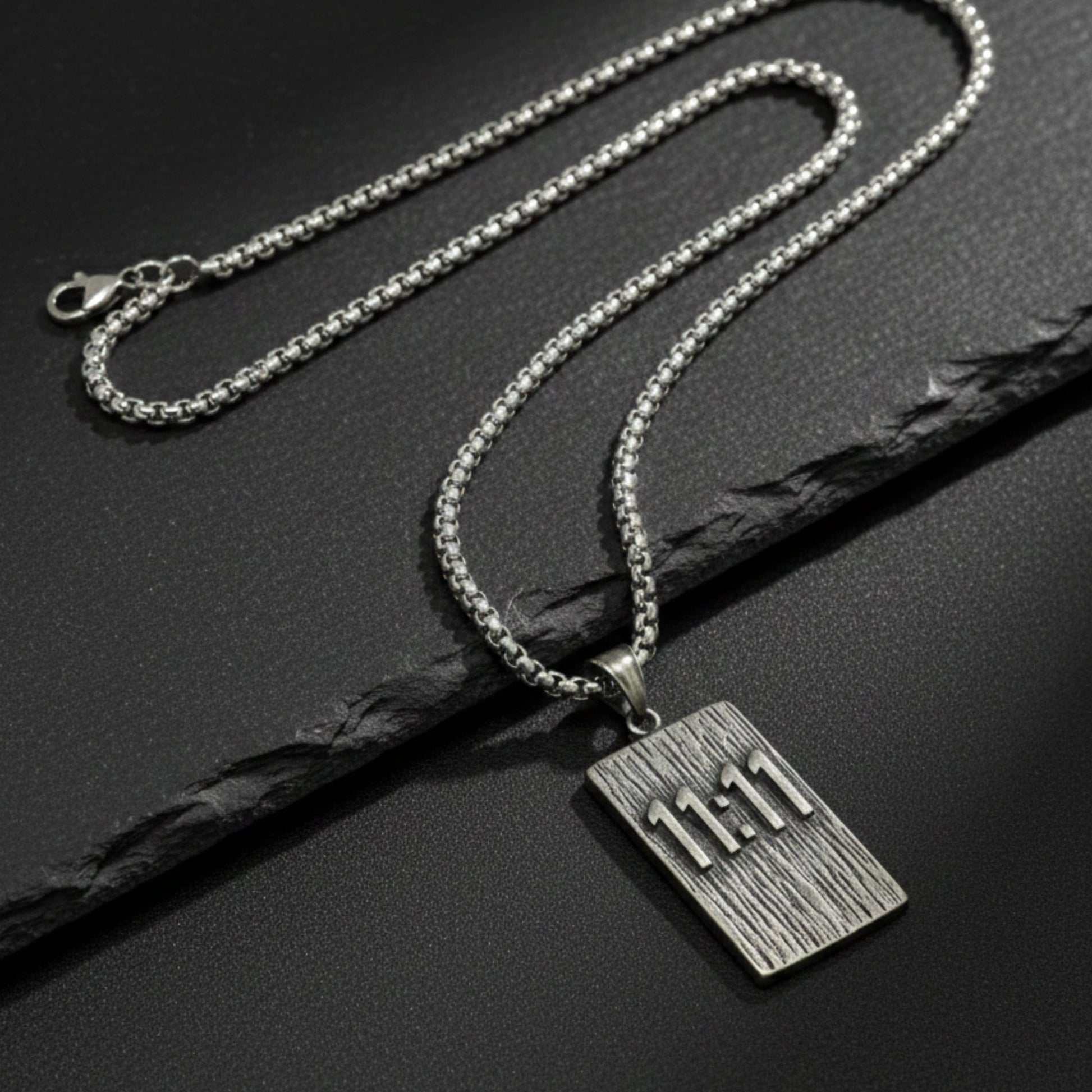 11:11 MANIFESTATION RECTANGLE - 24mm Pure Titanium Steel  Pendant with 24inch Round Box 5mm Chain for Men & Boys - THE MEN THING