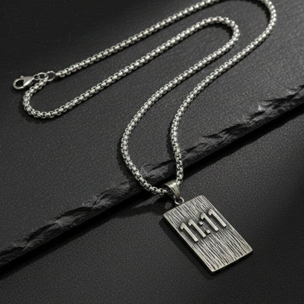 11:11 MANIFESTATION RECTANGLE - 24mm Pure Titanium Steel  Pendant with 24inch Round Box 5mm Chain for Men & Boys