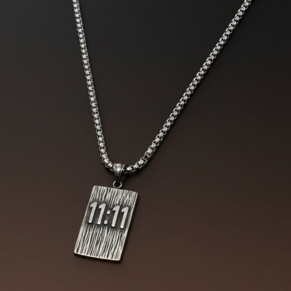11:11 MANIFESTATION RECTANGLE - 24mm Pure Titanium Steel  Pendant with 24inch Round Box 5mm Chain for Men & Boys