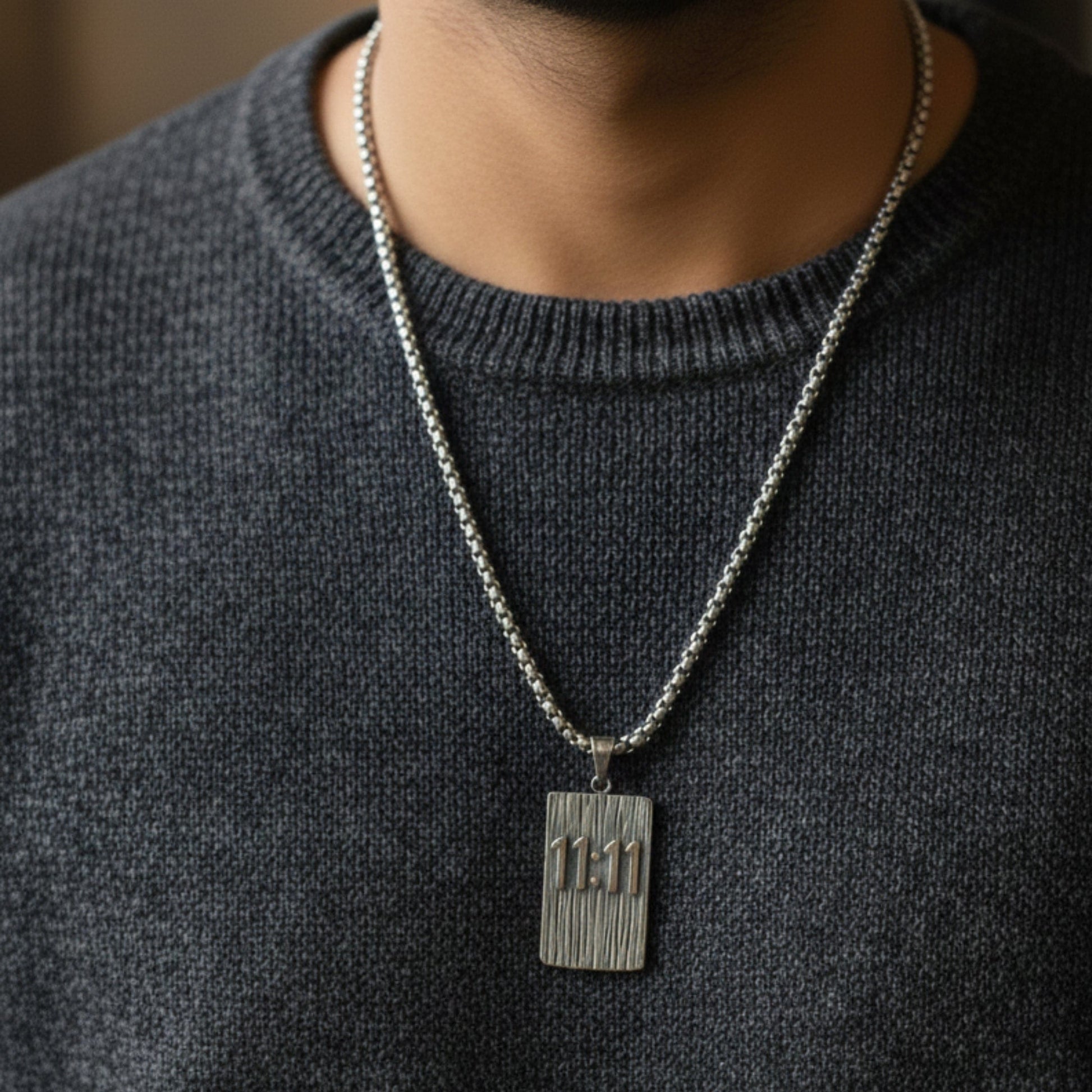 11:11 MANIFESTATION RECTANGLE - 24mm Pure Titanium Steel  Pendant with 24inch Round Box 5mm Chain for Men & Boys - THE MEN THING