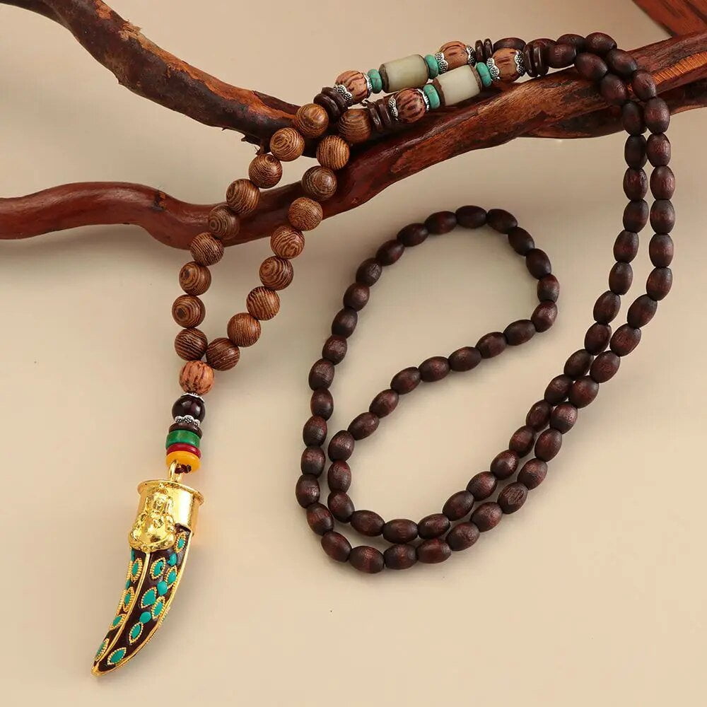 Bohemian Wood Ganesha - Handmade Wood Beads Necklace With Ganesh Pendant Long For Men & Boys (36